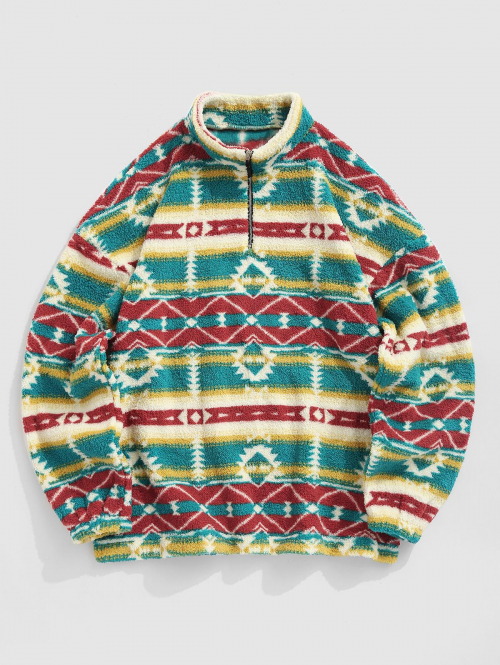 ZAFUL Men's ZAFUL Ethnic Tribal Aztec Printed Zip Up Fluffy Teddy Sweatshirt Xl Blue