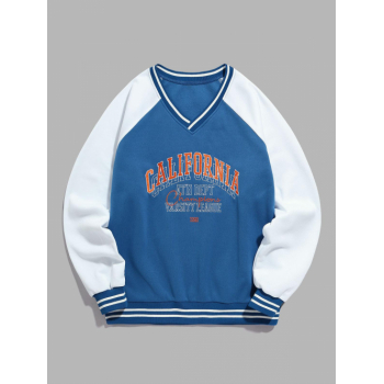 ZAFUL Men's ZAFUL V Neck CALIFORNIA Embroidered Raglan Sleeve Fleece-lined Sweatshirt L Blue