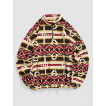 ZAFUL Men's ZAFUL Ethnic Tribal Aztec Printed Zip Up Fluffy Teddy Sweatshirt Xl Deep red