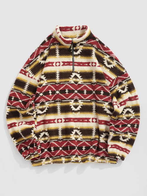 ZAFUL Men's ZAFUL Ethnic Tribal Aztec Printed Zip Up Fluffy Teddy Sweatshirt Xl Deep red