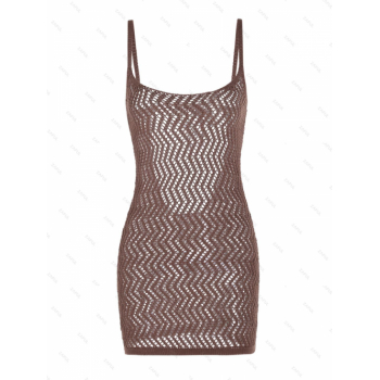 Crochet Openwork Backless Mini Beach Dress L Coffee