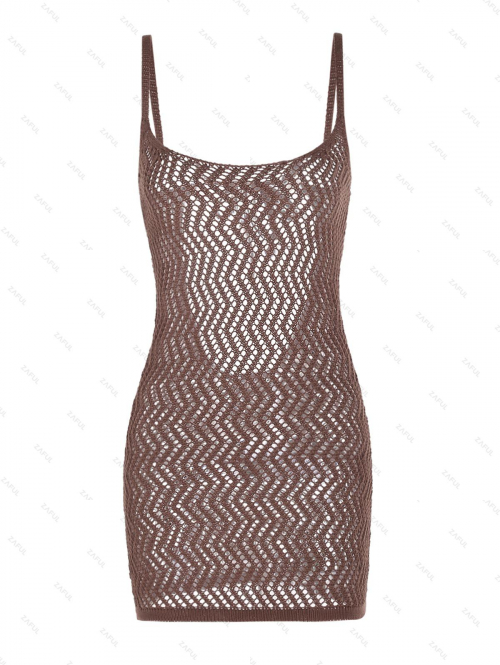 Crochet Openwork Backless Mini Beach Dress L Coffee