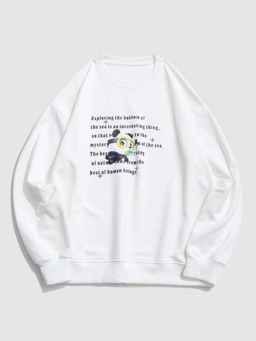 ZAFUL Men's Cartoon Animal Text Print Drop Shoulder Sweatshirt L White