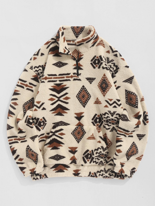 ZAFUL Men's ZAFUL Faux Sherpa Tribal Ethnic Print Quarter Zip Teddy Sweatshirt L Light coffee