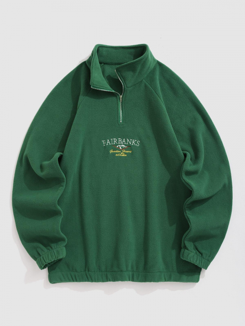 ZAFUL Men's ZAFUL Raglan Sleeves FAIRBANKS Mountain Landscape Embroidery Quarter Zip Polar Fleece Sweatshirt S Deep green