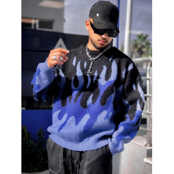 ZAFUL Men's Fire Flame Graphic Y2K Aesthetic Sweater L Blue