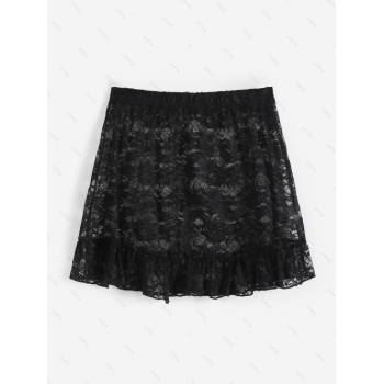 Women Beach Lace Ruffled Hem Cover Up Skirt M Black