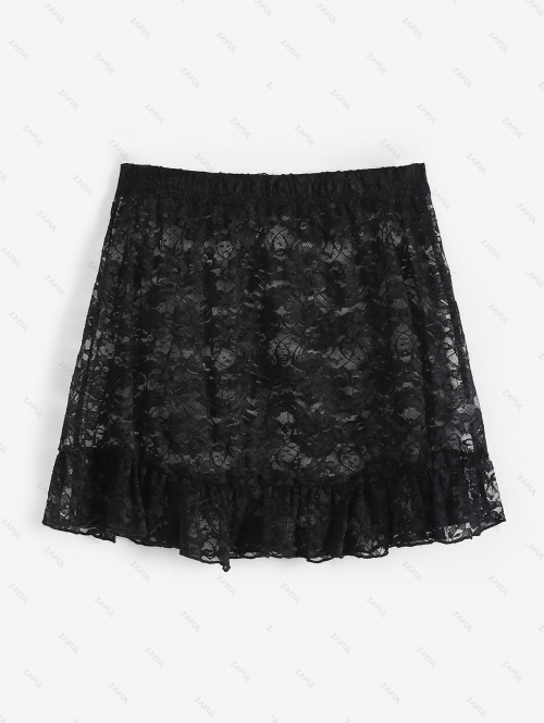 Women Beach Lace Ruffled Hem Cover Up Skirt M Black