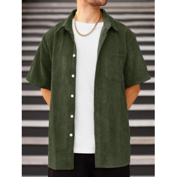 ZAFUL Men's ZAFUL Men's Corduroy Casual Summer Solid Color Button Short Sleeves Shirt M Deep green