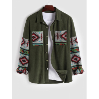 Corduroy Ethnic Print Spliced Shacket M Deep green