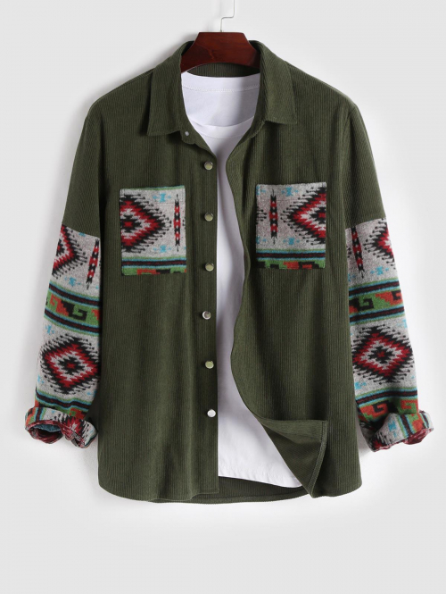 Corduroy Ethnic Print Spliced Shacket M Deep green