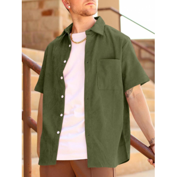 ZAFUL Men's ZAFUL Front Pocket Design Solid Color Corduroy Short Sleeves Shirt M Light green