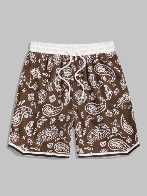 ZAFUL Men's Vintage Ethnic Paisley Floral Print Drawstring Summer Beach Vacation Shorts L Deep coffee