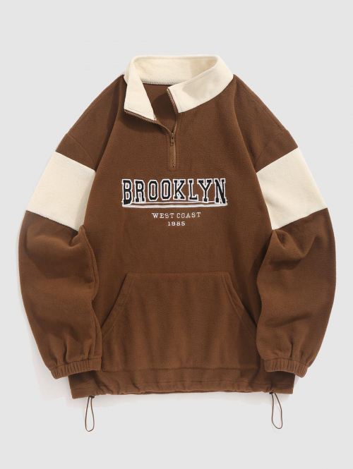 ZAFUL Men's Quarter Zip Colorblock BROOKLYN WEST COAST Embroidery Polar Fleece Thermal Lined Pullover Sweatshirt L Deep coffee