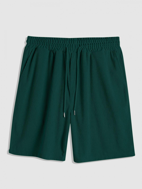 Solid Color Drawstring Corduroy Shorts L Deep green