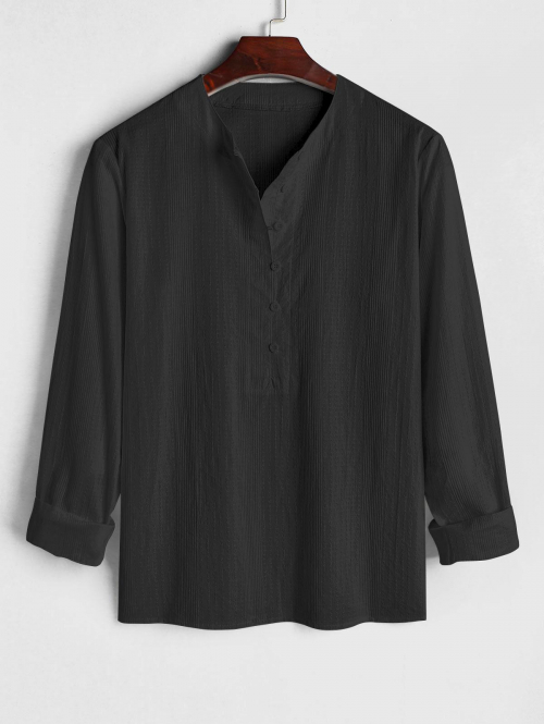 ZAFUL Men's ZAFUL Men's Minimalist Plain Color Jacquard Weave Half Button Pullover Long Sleeves Casual Shirt M Black