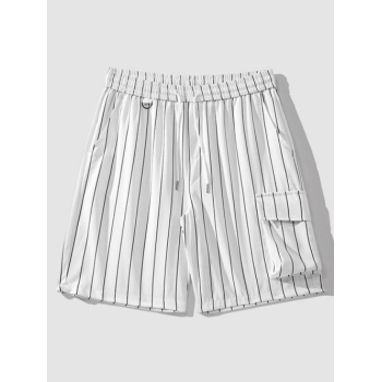 Striped Pattern 3D Pocket Design Drawstring Shorts M White