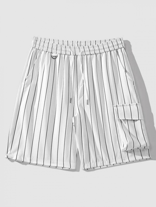 Striped Pattern 3D Pocket Design Drawstring Shorts M White