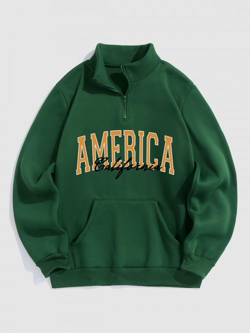 ZAFUL Men's Letter AMERICA California Graphic Quarter Zip Fleece Lined Sweatshirt M Deep green