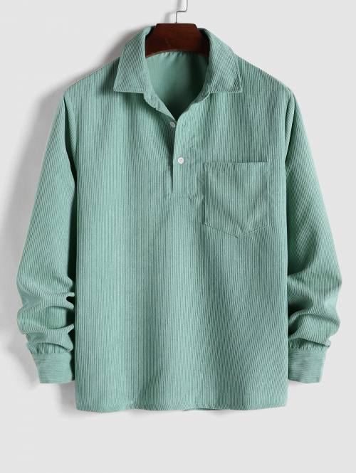 ZAFUL Men's ZAFUL Solid Color Half Button Pocket Corduroy Long Sleeves Collared Shirt M Light green