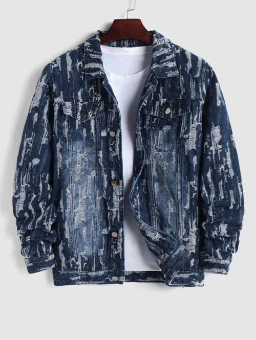 ZAFUL Men's Flap Pocket Design Ripped Denim Jacket L Silk blue