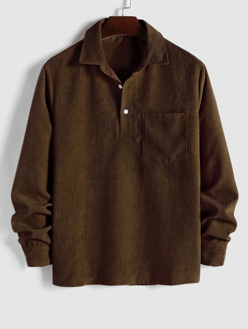 ZAFUL Men's ZAFUL Solid Color Half Button Pocket Corduroy Long Sleeves Collared Shirt L Coffee