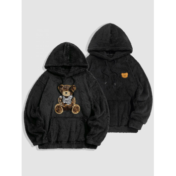 ZAFUL Men's 2Pcs Bear Terry Embroidered Pullover Fluffy Faux Fur Teddy Hoodies Black