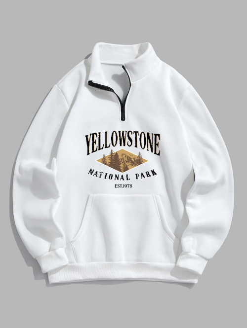 ZAFUL Men's YELLOWSTONE NATIONAL PARK Trees Graphic Pattern Quarter Zip Fleece-lined Sweatshirt M White