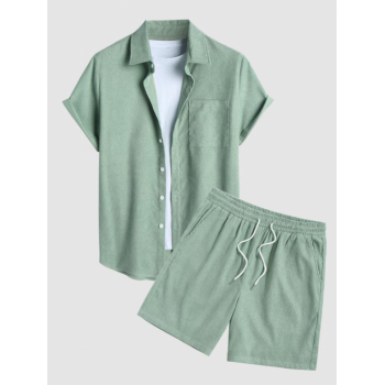 ZAFUL Men's Men's 2 Piece Outfits Casual Basic Solid Color Pocket Corduroy Short Sleeves Button Up Shirt and Drawstring Shorts Set Light green