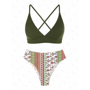 Fashion Women Tankinis ZAFUL Women's Mix and Match Ethnic Style Criss Cross Lace Up Ethnic Printed Textured High Waisted Tankini Set Two Piece Swimwea