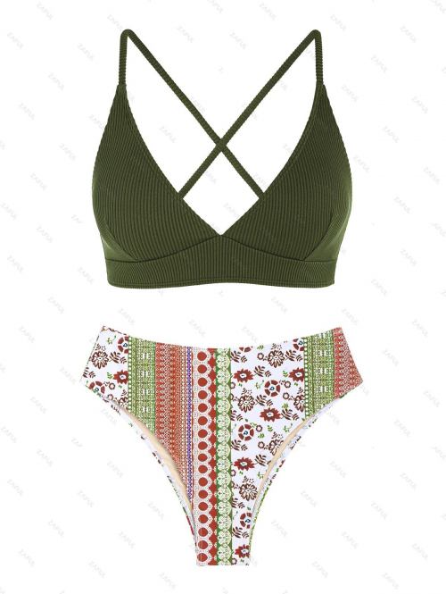 Fashion Women Tankinis ZAFUL Women's Mix and Match Ethnic Style Criss Cross Lace Up Ethnic Printed Textured High Waisted Tankini Set Two Piece Swimwea