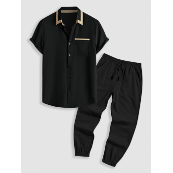 ZAFUL Men's Color Spliced Collar Business Short Sleeves Shirt with Drawstring Multi-pocket Jogger Pants Set Black