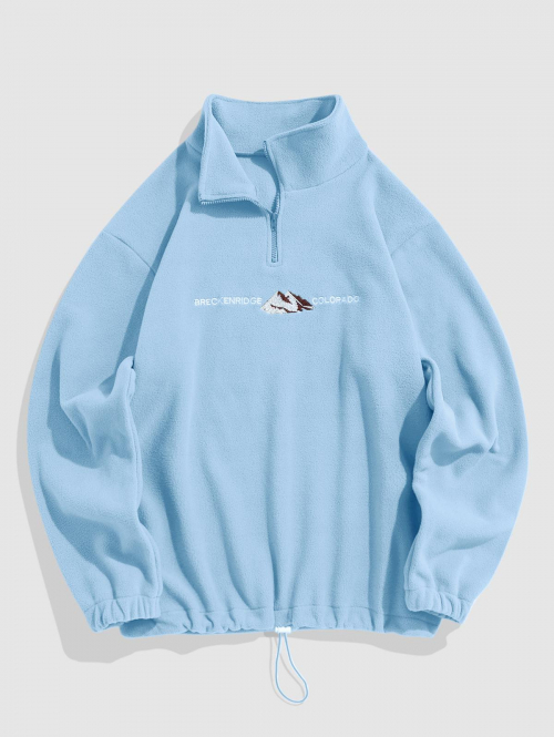 ZAFUL Men's ZAFUL Fuzzy Letter and Mountain Embroidered Quarter Zip Polar Fleece Sweatshirt M Light blue