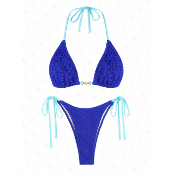 ZAFUL Women's Tie Side Faux Pearl Metal Hardware Halter Tie Side Shirred Smocked String Triangle Bikini Swimwear M Blue