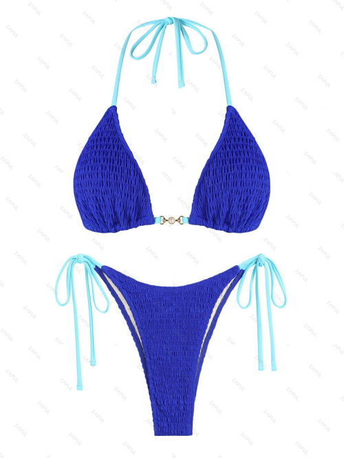 ZAFUL Women's Tie Side Faux Pearl Metal Hardware Halter Tie Side Shirred Smocked String Triangle Bikini Swimwear M Blue