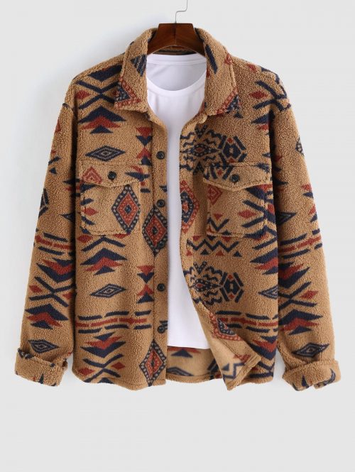 ZAFUL Men's ZAFUL Ethnic Aztec Geo Printed Polar Fleece Fluffy Shacket Winter Shirt L Coffee