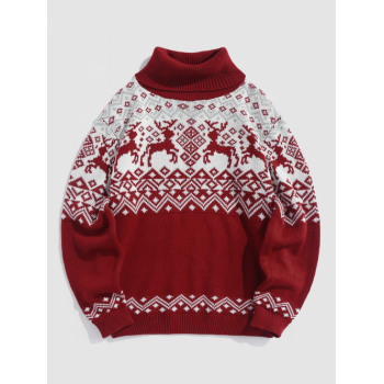 ZAFUL Men's Turtleneck Elk Geometric Christmas Pullover Sweater L Red