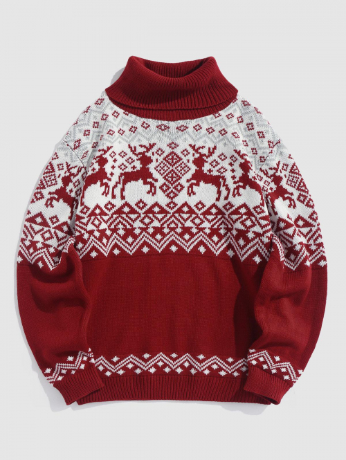 ZAFUL Men's Turtleneck Elk Geometric Christmas Pullover Sweater L Red