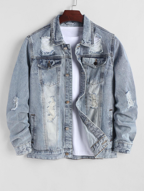 ZAFUL Men's Distressed Streetwear Pocket Design Denim Jacket M Blue gray