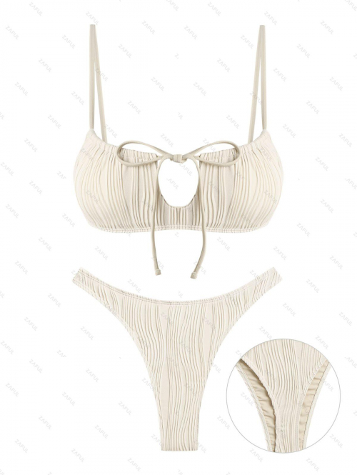 ZAFUL Women's Textured Drawstring Cut Out Tie Thong Bikini Set Two Piece Swimwear S Light coffee