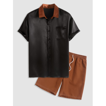 ZAFUL Men's Silky Colorblock Pocket Shirt and Basic Shorts Set Black