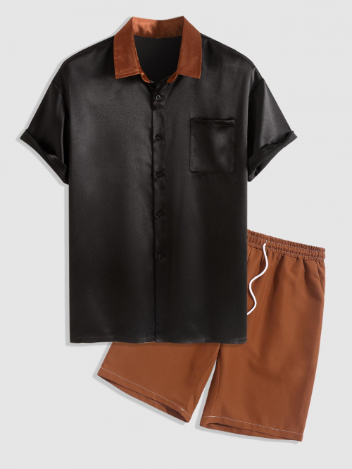 ZAFUL Men's Silky Colorblock Pocket Shirt and Basic Shorts Set Black