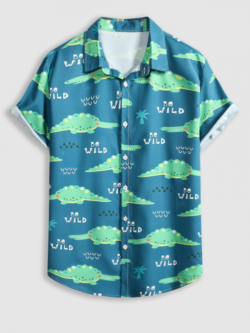 ZAFUL Men's Cartoon Dinosaur Be Wild Print Short Sleeve Shirt L Sea blue