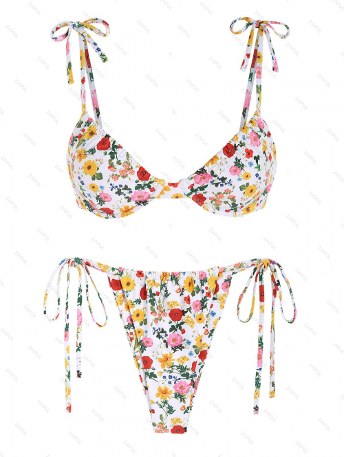 ZAFUL Tie Shoulder Ditsy Floral Underwire Loincloth Tanga Bikini Swimwear M White