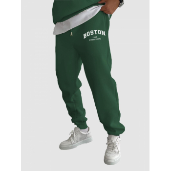 ZAFUL Men's BOSTON Letter Fleece Thermal Lined Jogger Sweatpants L Deep green