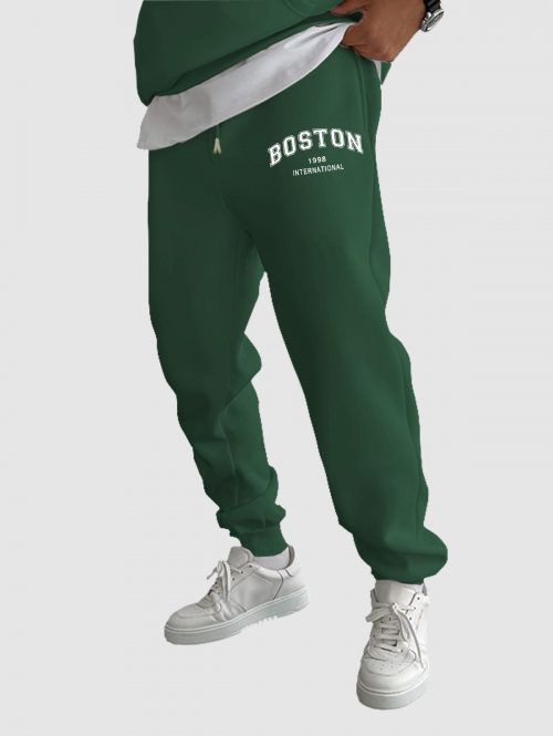 ZAFUL Men's BOSTON Letter Fleece Thermal Lined Jogger Sweatpants L Deep green