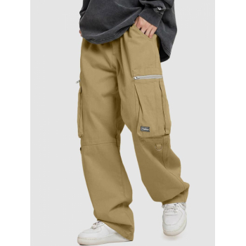 ZAFUL Men's ZAFUL Solid Color Zip Pocket Drawstring Wide Leg Cargo Pants M Light coffee