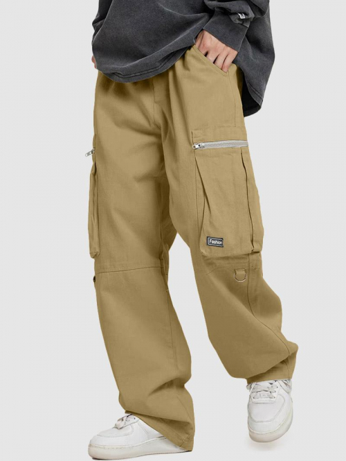 ZAFUL Men's ZAFUL Solid Color Zip Pocket Drawstring Wide Leg Cargo Pants M Light coffee