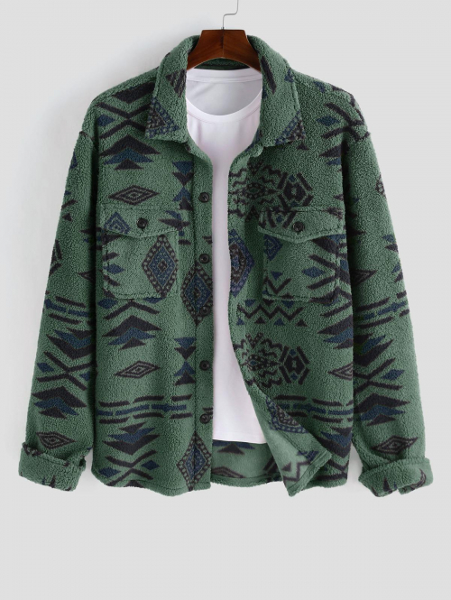 ZAFUL Men's ZAFUL Ethnic Aztec Geo Printed Polar Fleece Fluffy Shacket Winter Shirt L Deep green