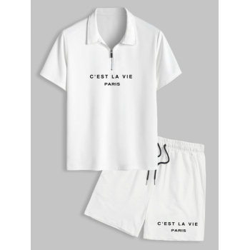 ZAFUL Men's C'EST LA VIE PARIS Print Polo Collar Half Zip T Shirt and Shorts Set White